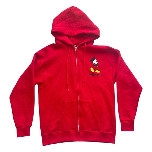 Vintage 80s Walt Disney World Mickey Zip-Up Hoodie Sweatshirt Red Men’s Large - Picture 1 of 5